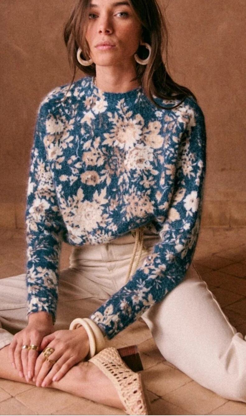 Sezane Azalee Mohair Wool Jumper Sweater Cara Print Blue Tan Knit Size XXL